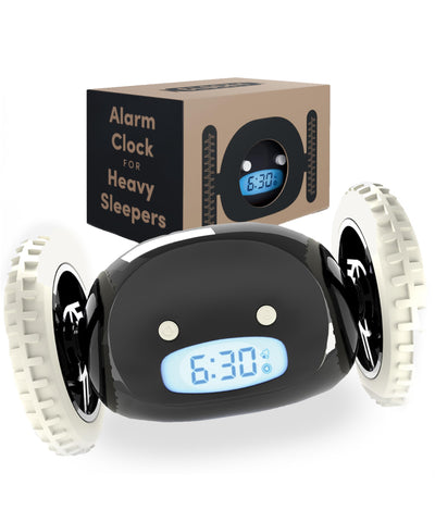 Clocky alarm clock on wheels, front view, ready to wake heavy sleepers.