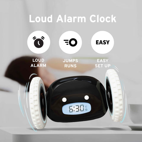 Clocky on wheels in motion, rolling away to wake heavy sleepers.