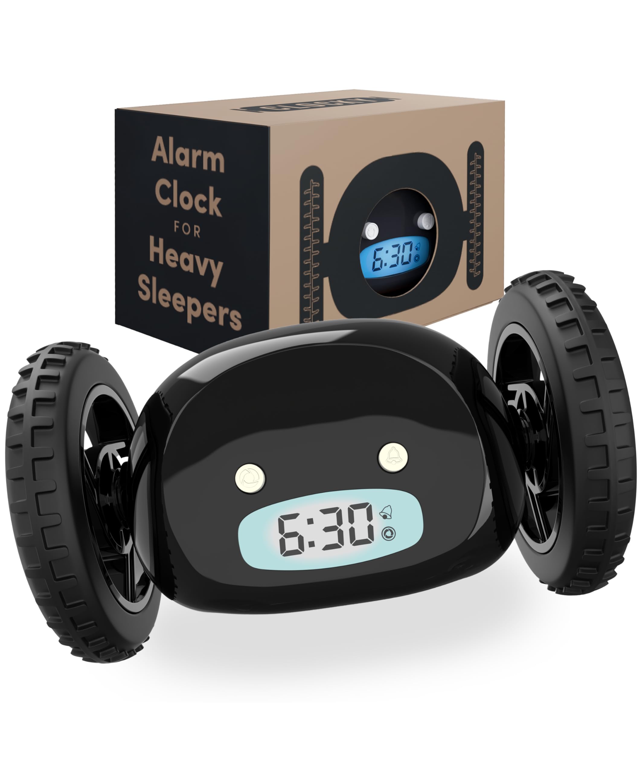 CLOCKY alarm clock on wheels front view rolling away to wake heavy sleepers.