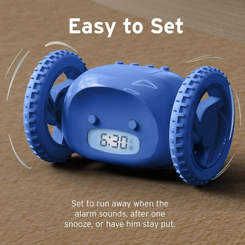 CLOCKY bedside blue dorm-room setup demonstrates no-snooze wake-up pressure relief.