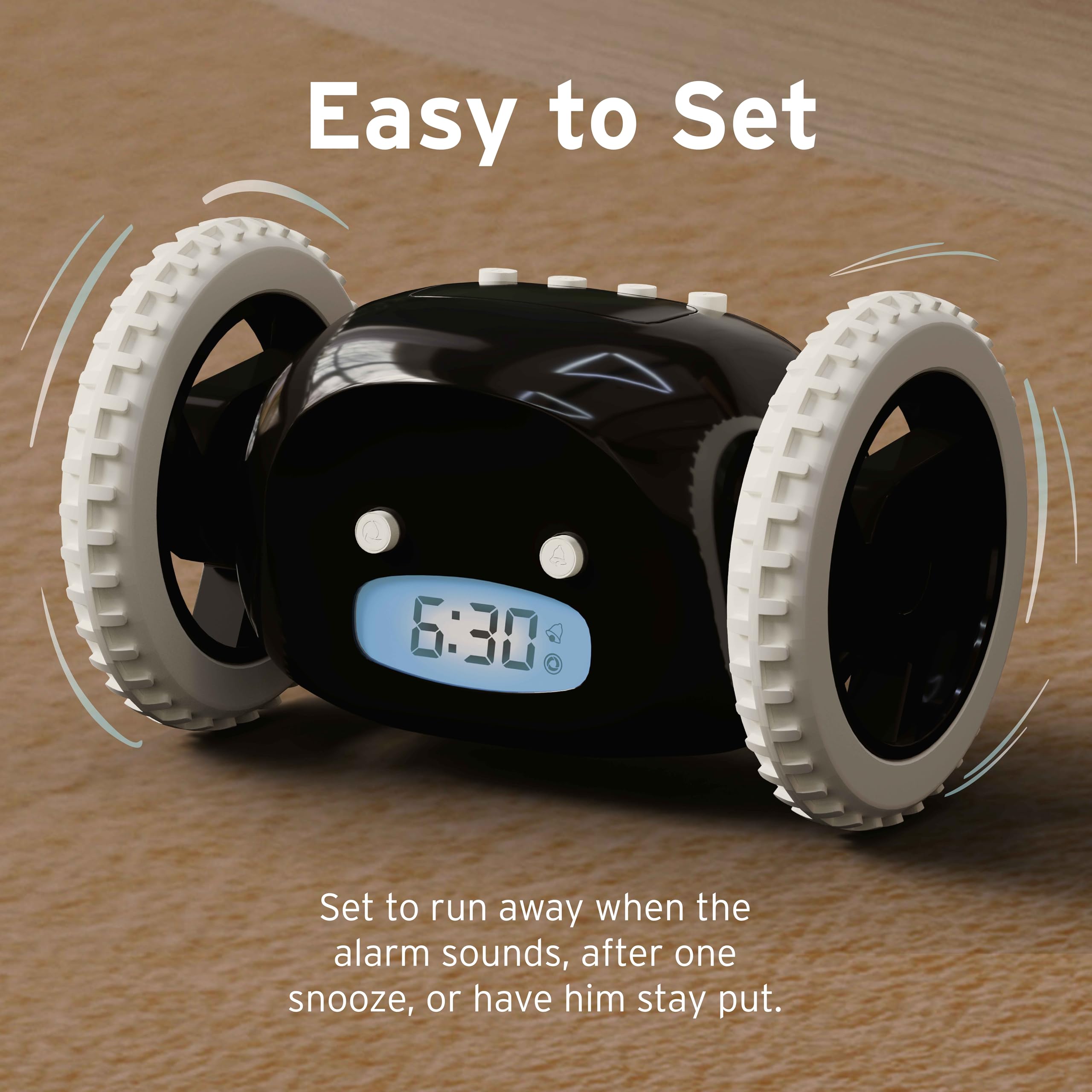 Clocky on a bedside dorm setup showing compact design for small spaces.