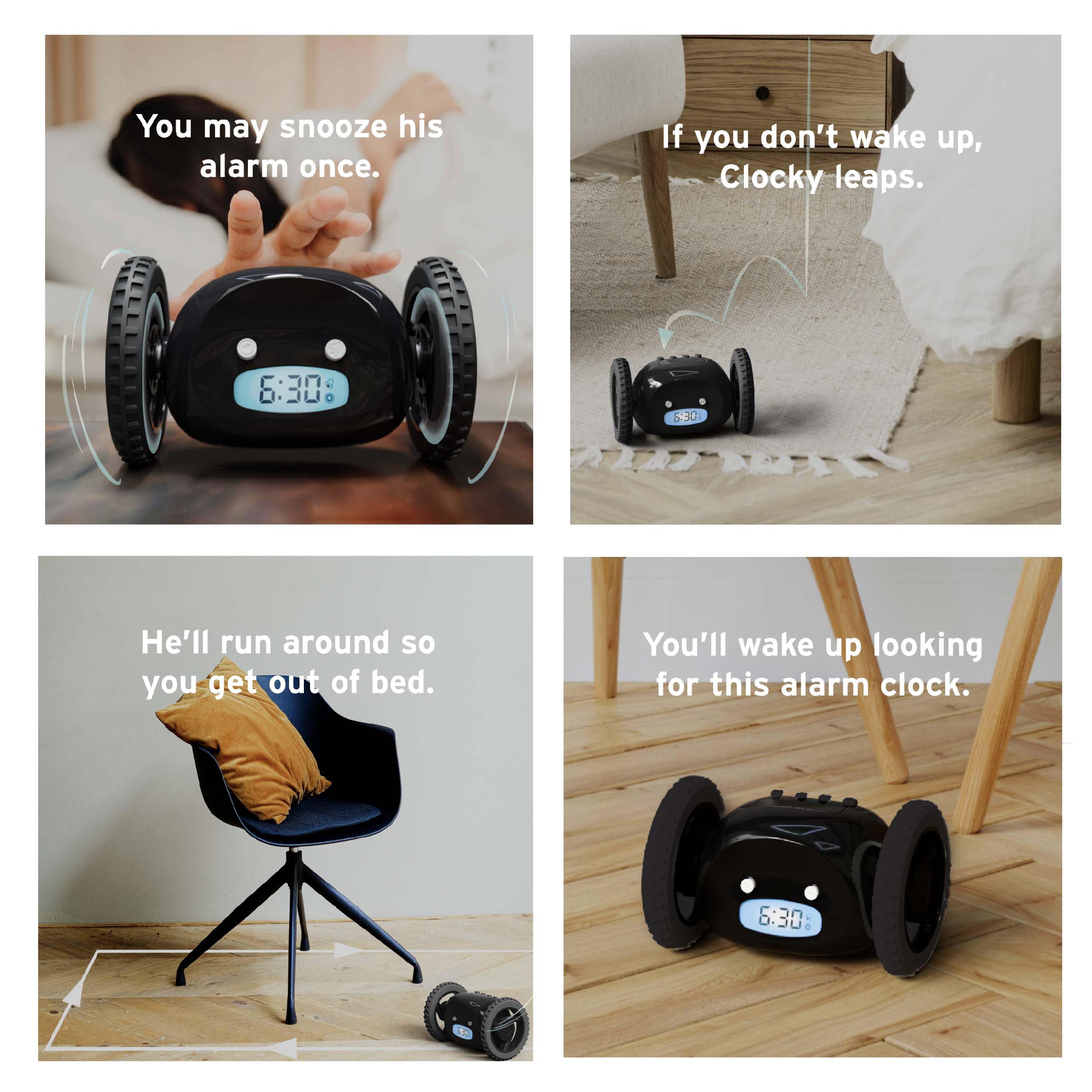 CLOCKY black wheels close-up emphasizes mobile wake-up action.