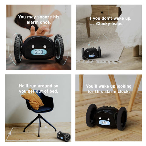 CLOCKY black wheels close-up emphasizes mobile wake-up action.