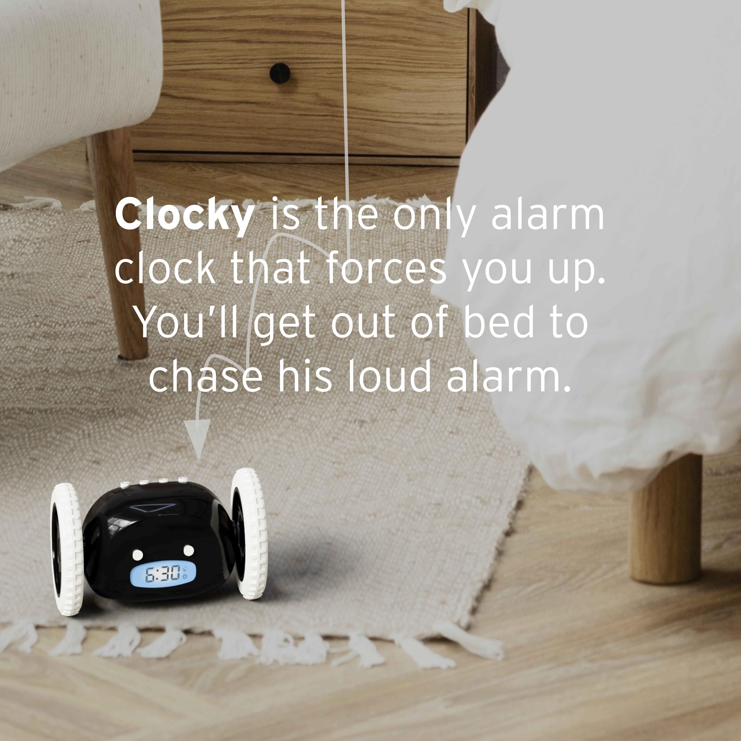 Clocky digital display with loud alarm designed for deep sleepers.
