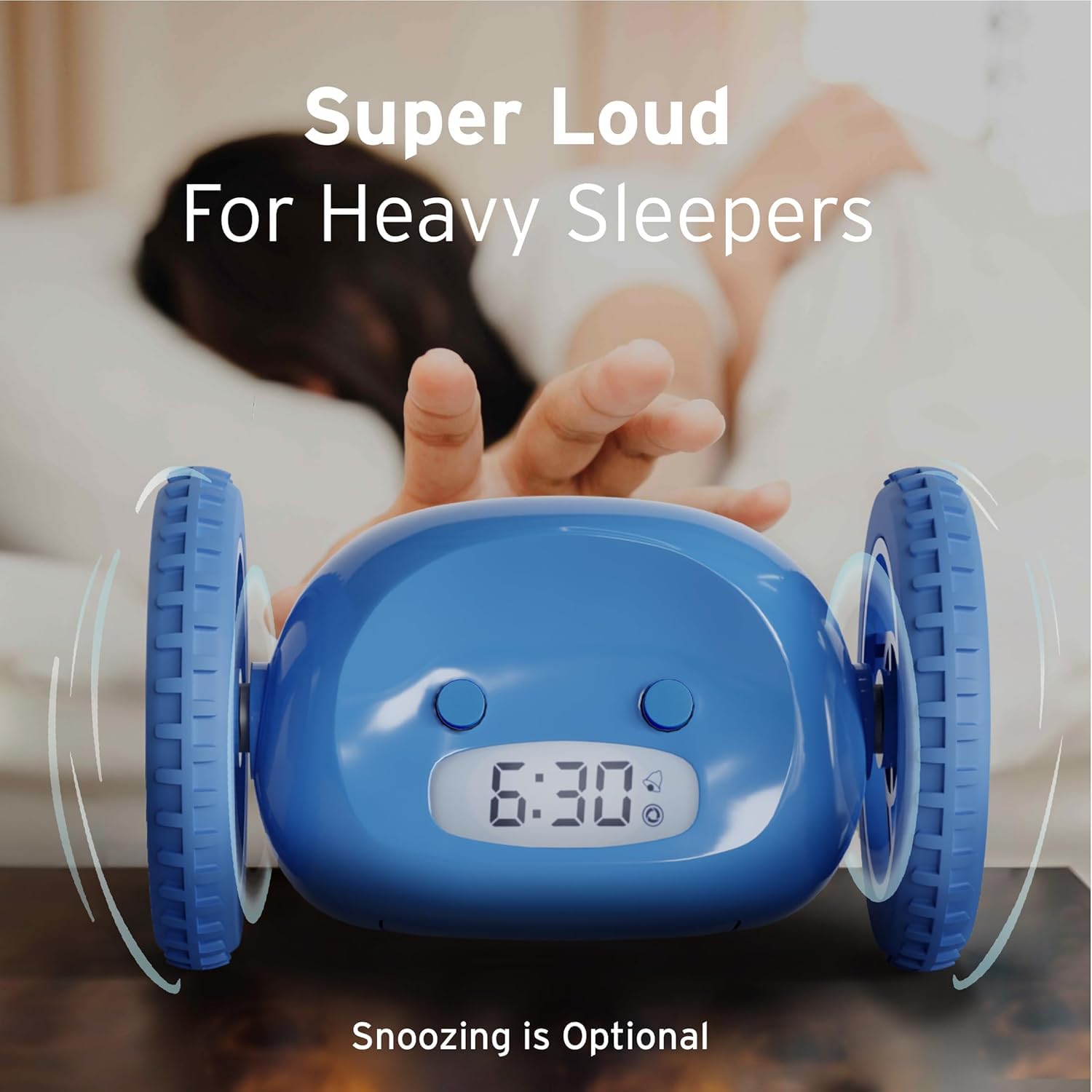 CLOCKY movement blue alarm-on-wheels captures runaway wake action for punctual mornings.