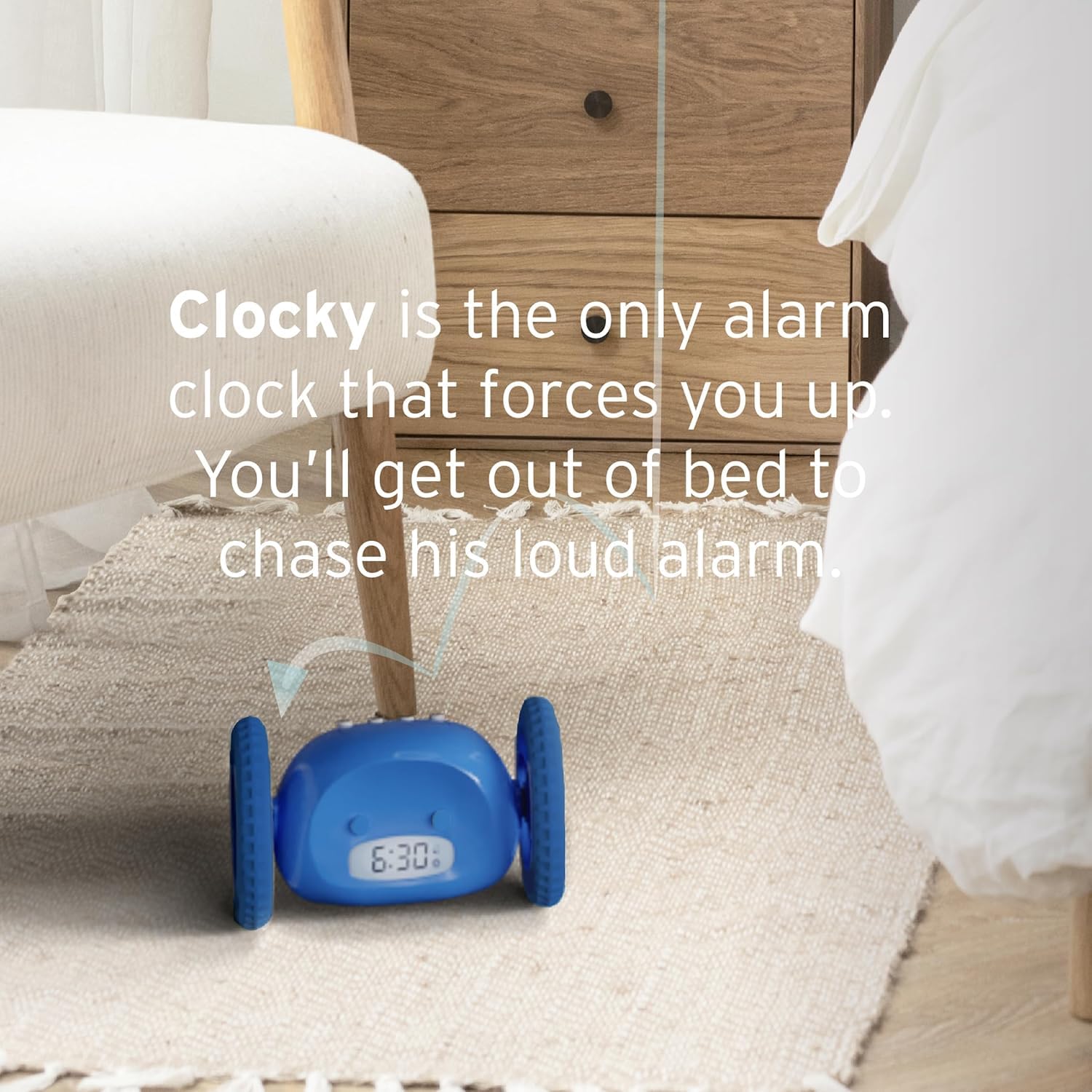 CLOCKY packaging blue gift-ready clock emphasizes quirky, memorable present.