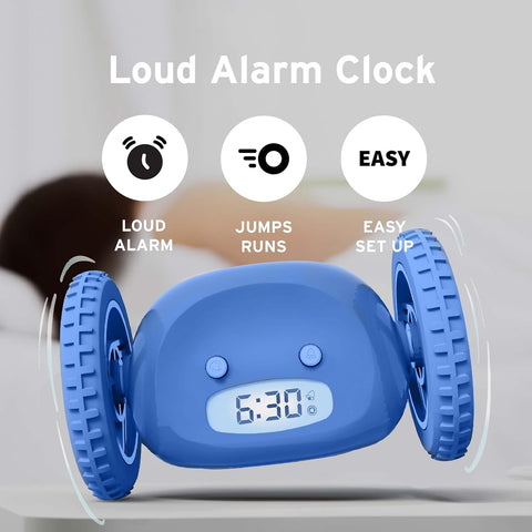 CLOCKY side-view blue alarm-on-wheels shows a compact, portable wake-up device.