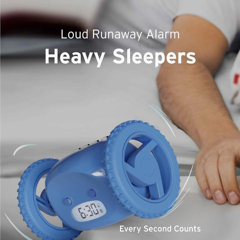 CLOCKY top-view blue alarm-on-wheels highlights a desk-friendly design.