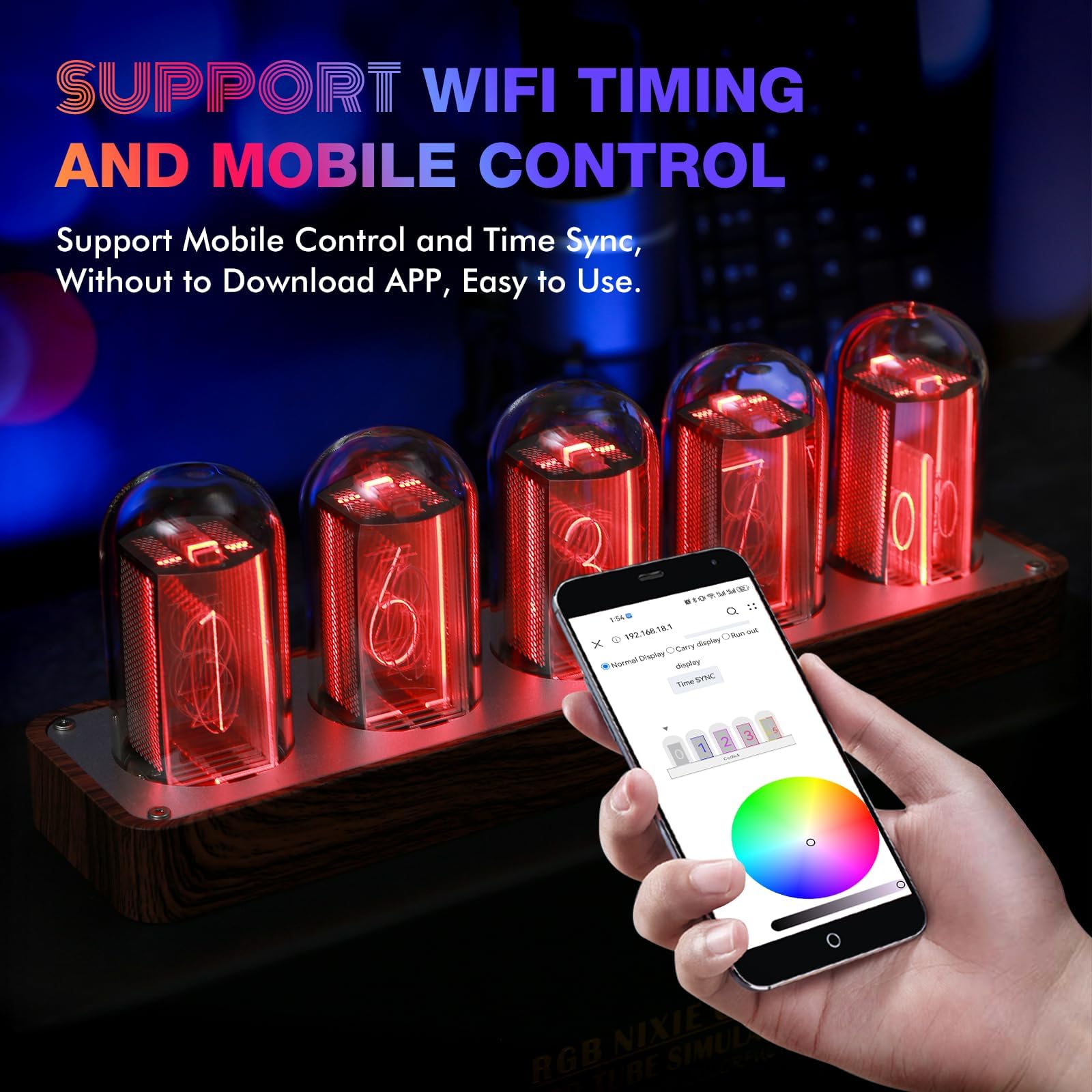 ClocTeck Nixie Tube Clock displaying alarm and timer functions in use