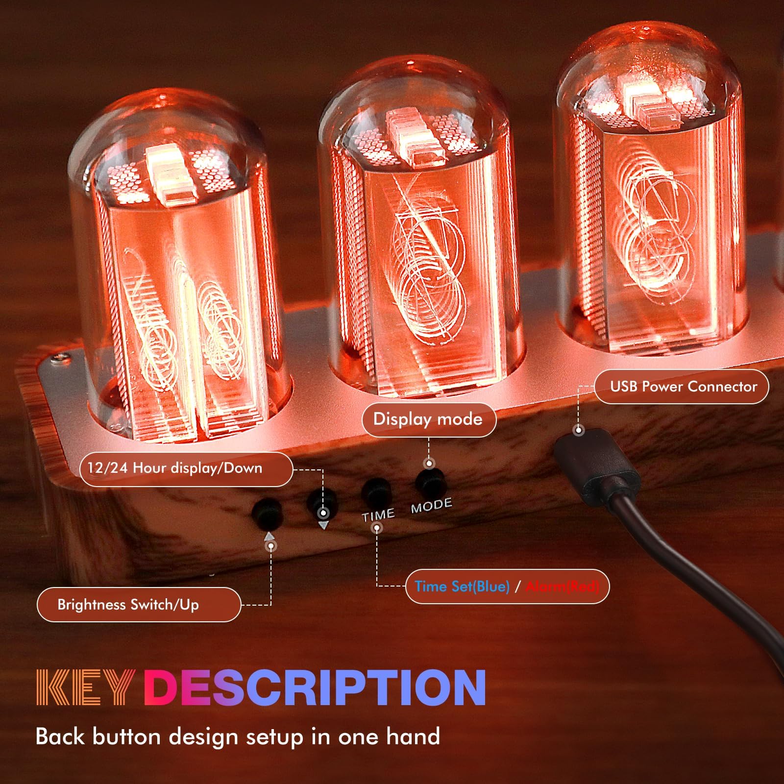 ClocTeck Nixie Tube Clock showing multiple RGB modes for mood lighting
