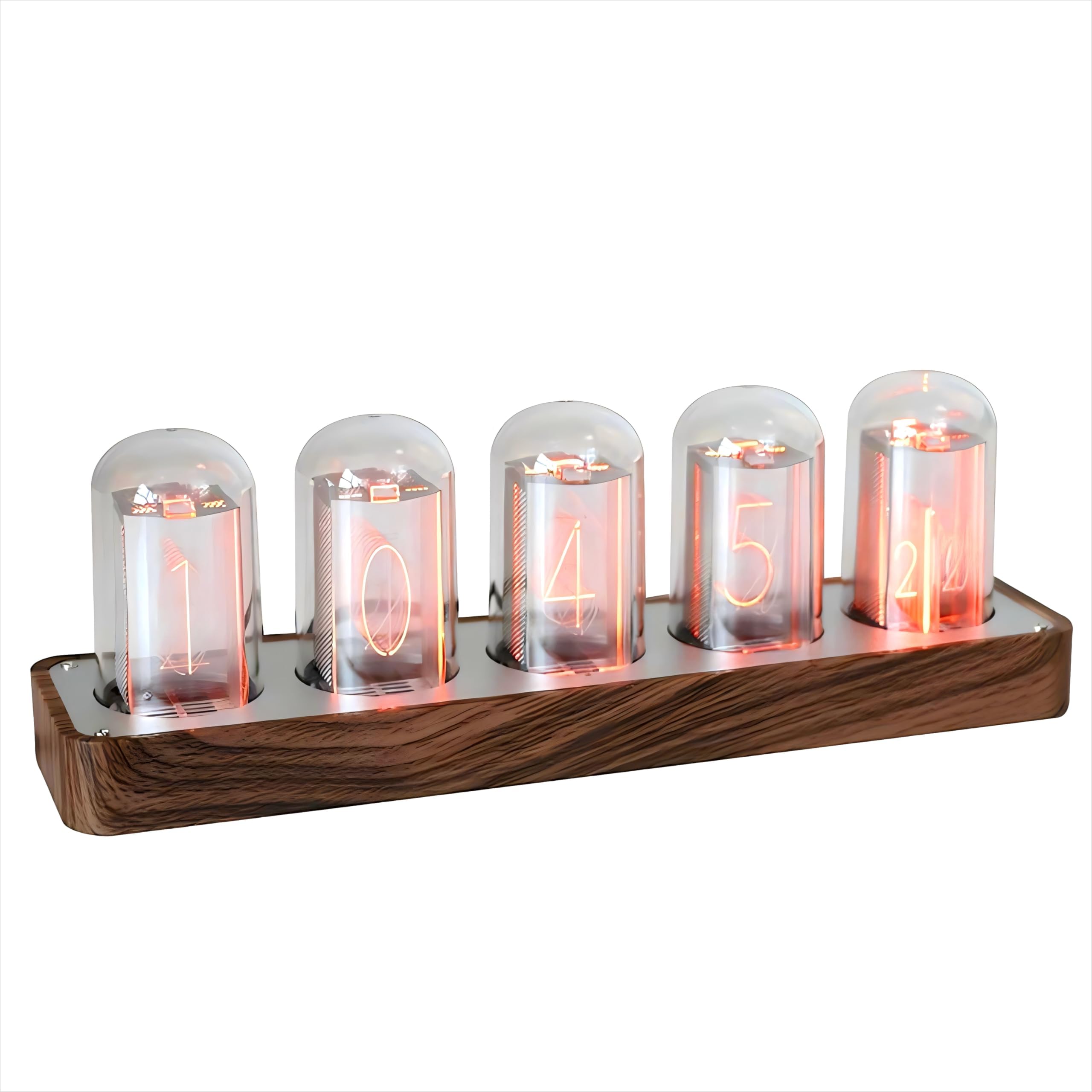 ClocTeck Nixie Tube Clock in wood grain finish on a cozy desk setup