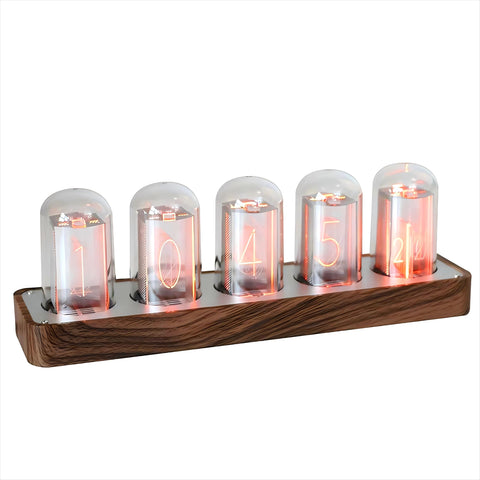 ClocTeck Nixie Tube Clock in wood grain finish on a cozy desk setup