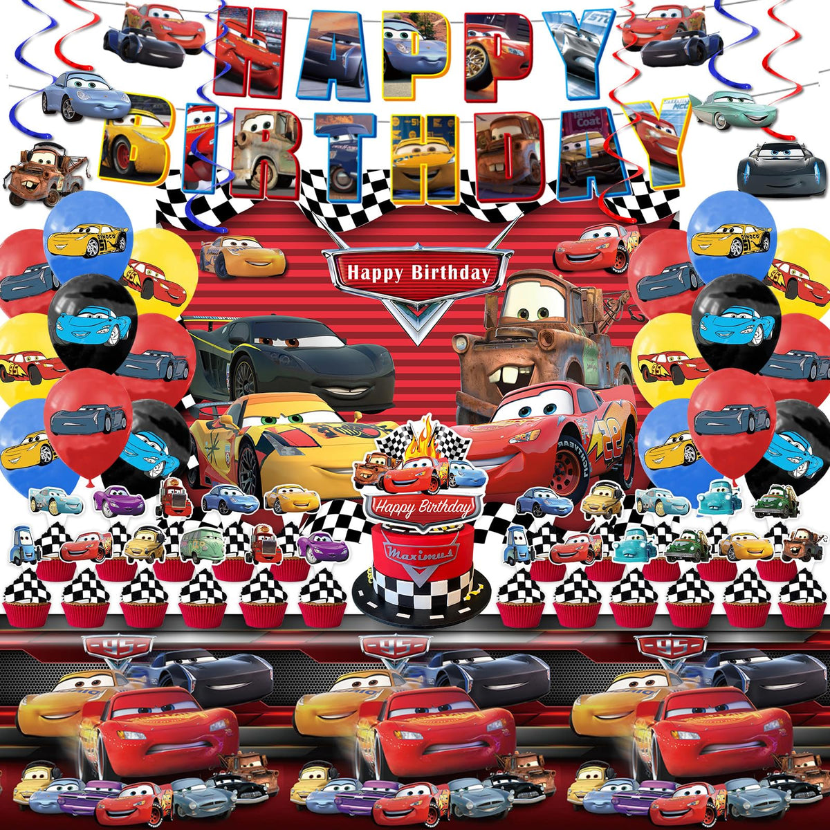 Cloira Cars birthday banner adds bold color and festive atmosphere.