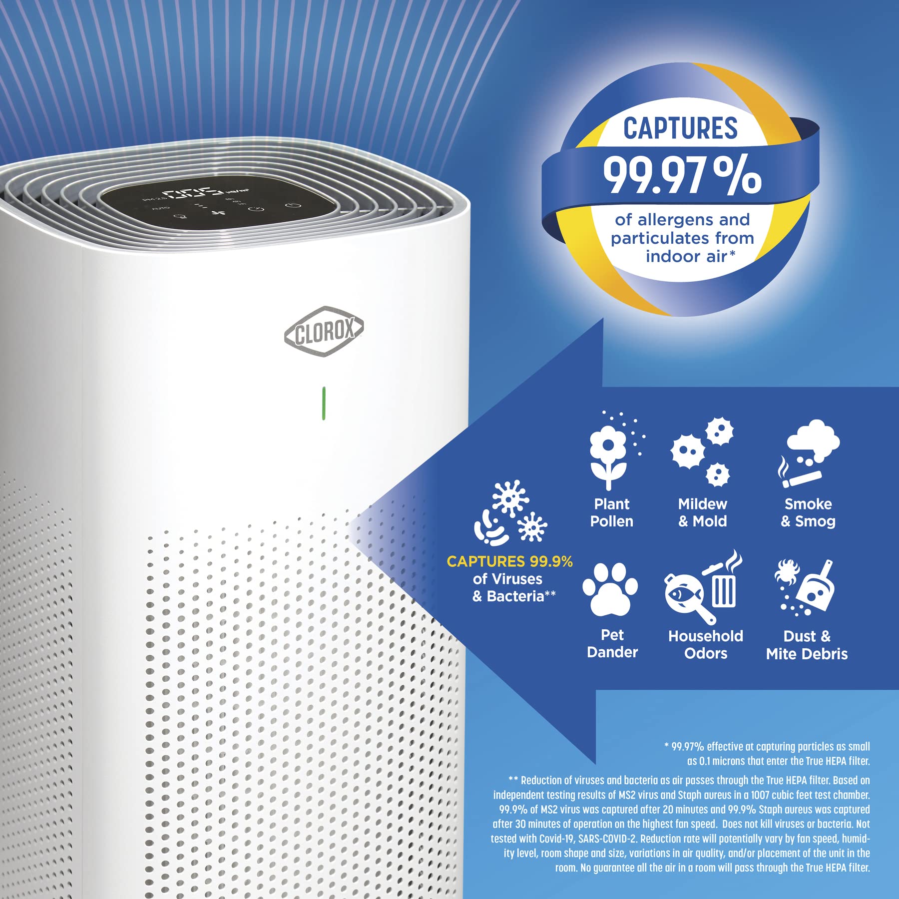 Clorox purifier demonstrates 360° airflow for comprehensive room cleaning.
