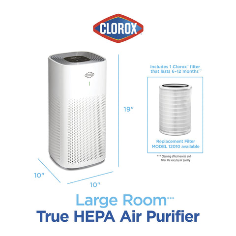 Living room setup with Clorox purifier delivering large-room coverage.