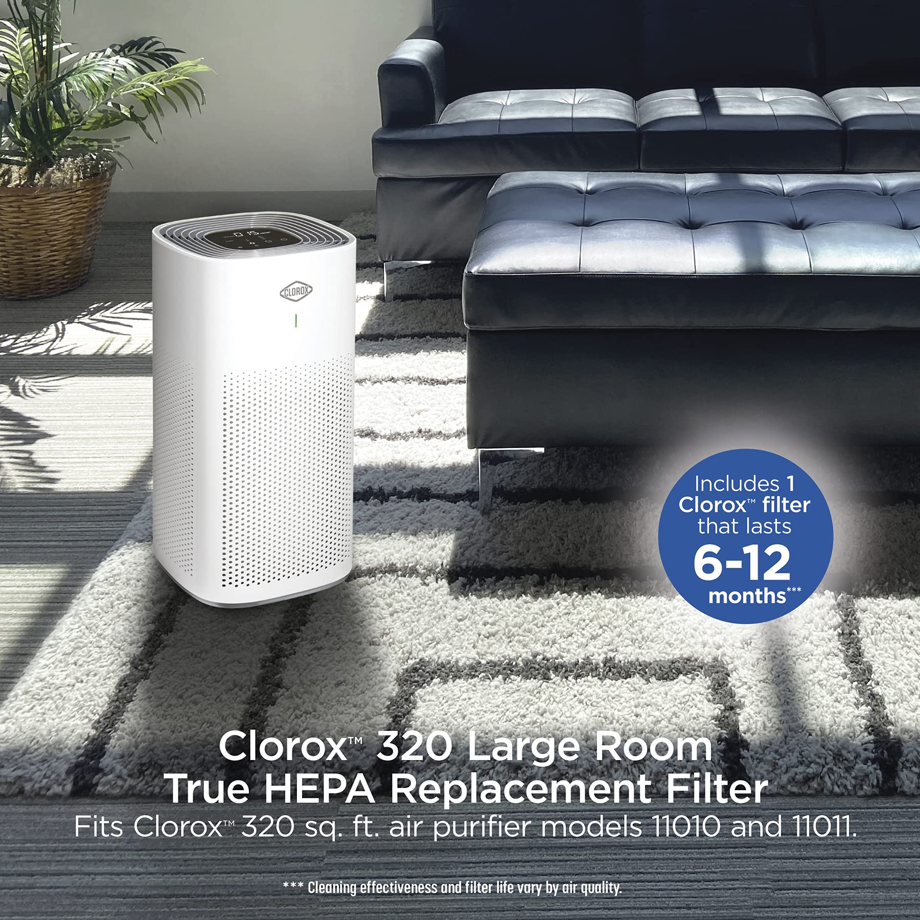 Clorox large room filter installed inside purifier in a living room setting.