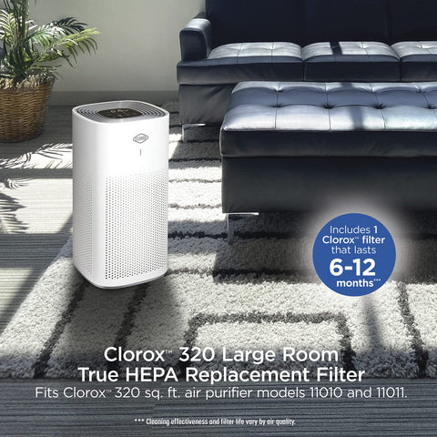 Clorox large room filter installed inside purifier in a living room setting.