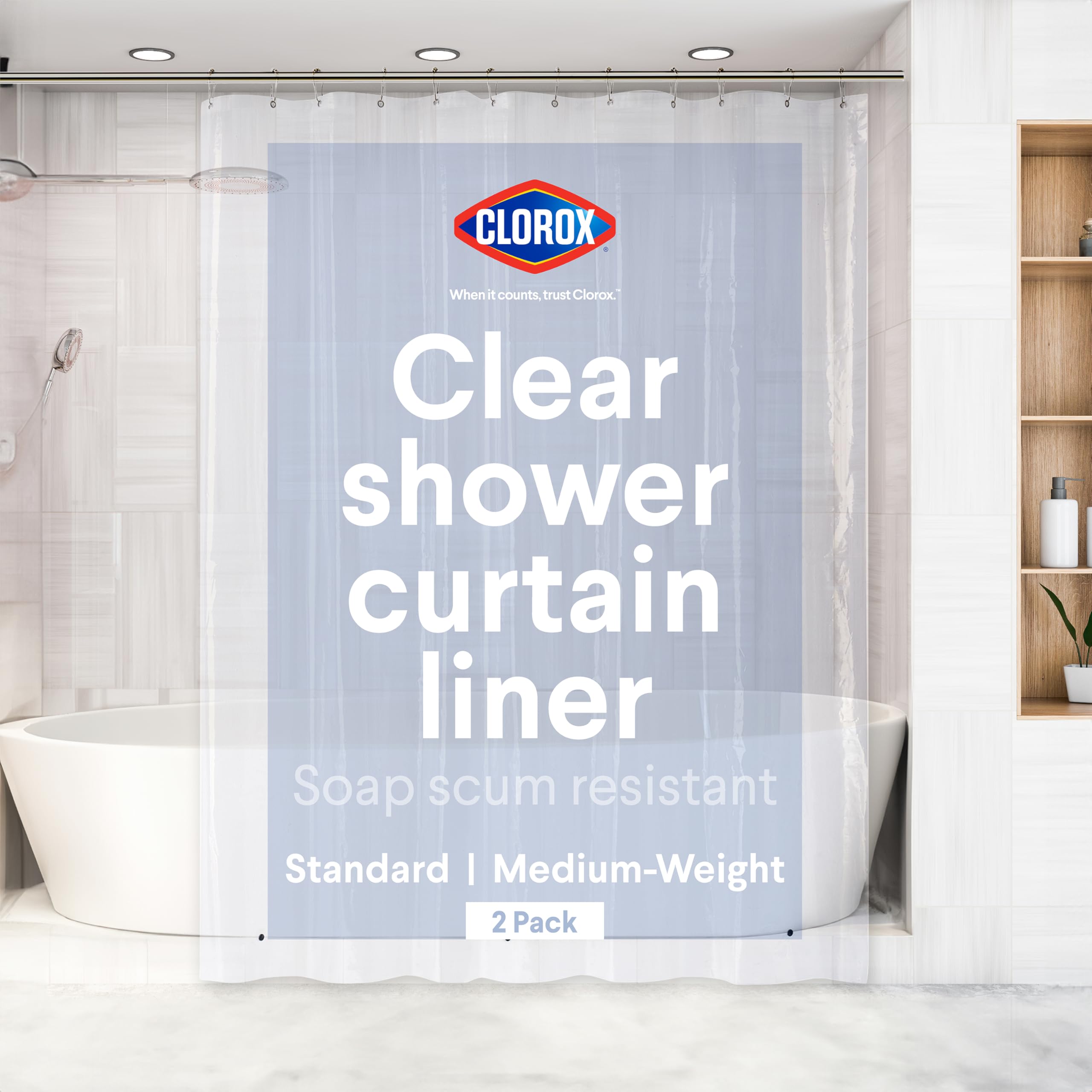 Clorox clear liner, 72x72, 2-pack, keeps bathroom stylish and easy to refresh