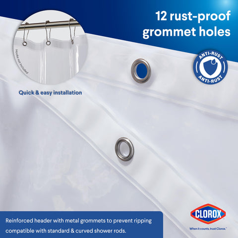 Clorox treated liner resists soap scum buildup for fresher showers