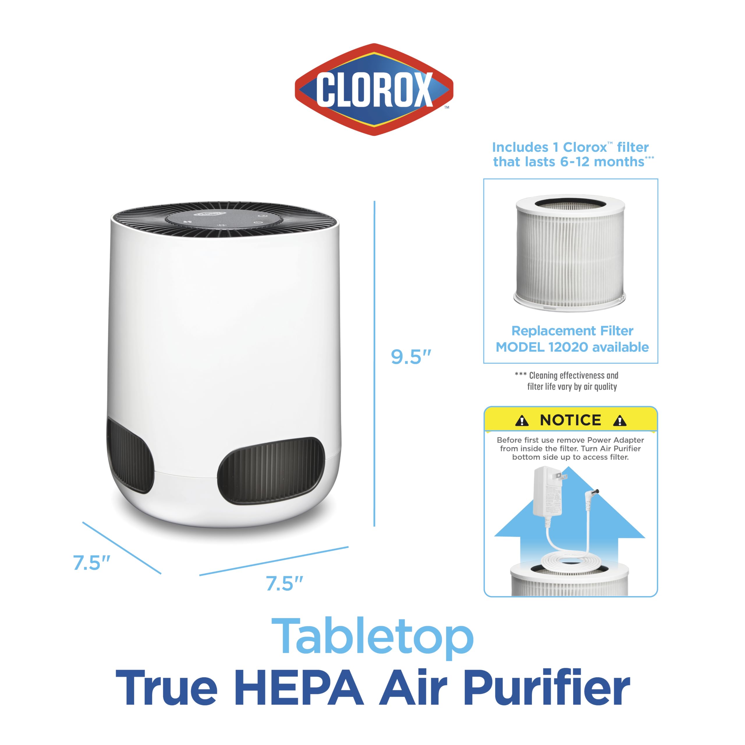 Clorox Tabletop Air Purifier night light provides soft ambiance.