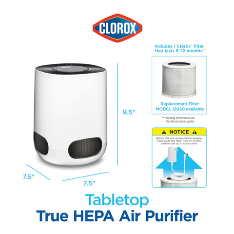 Clorox Tabletop Air Purifier night light provides soft ambiance.