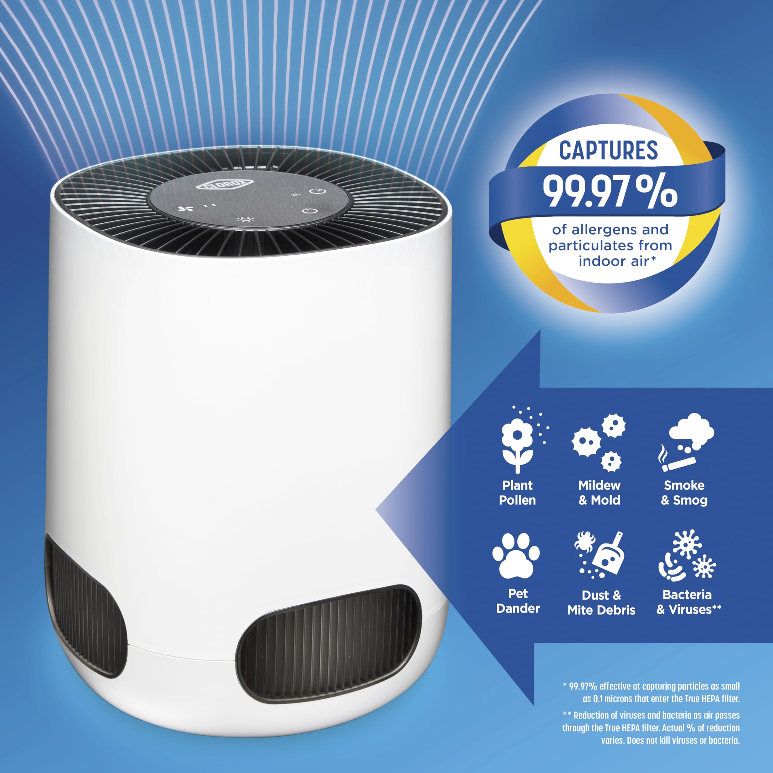 Clorox Tabletop Air Purifier True HEPA filter captures tiny particles.