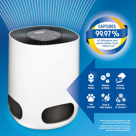 Clorox Tabletop Air Purifier True HEPA filter captures tiny particles.