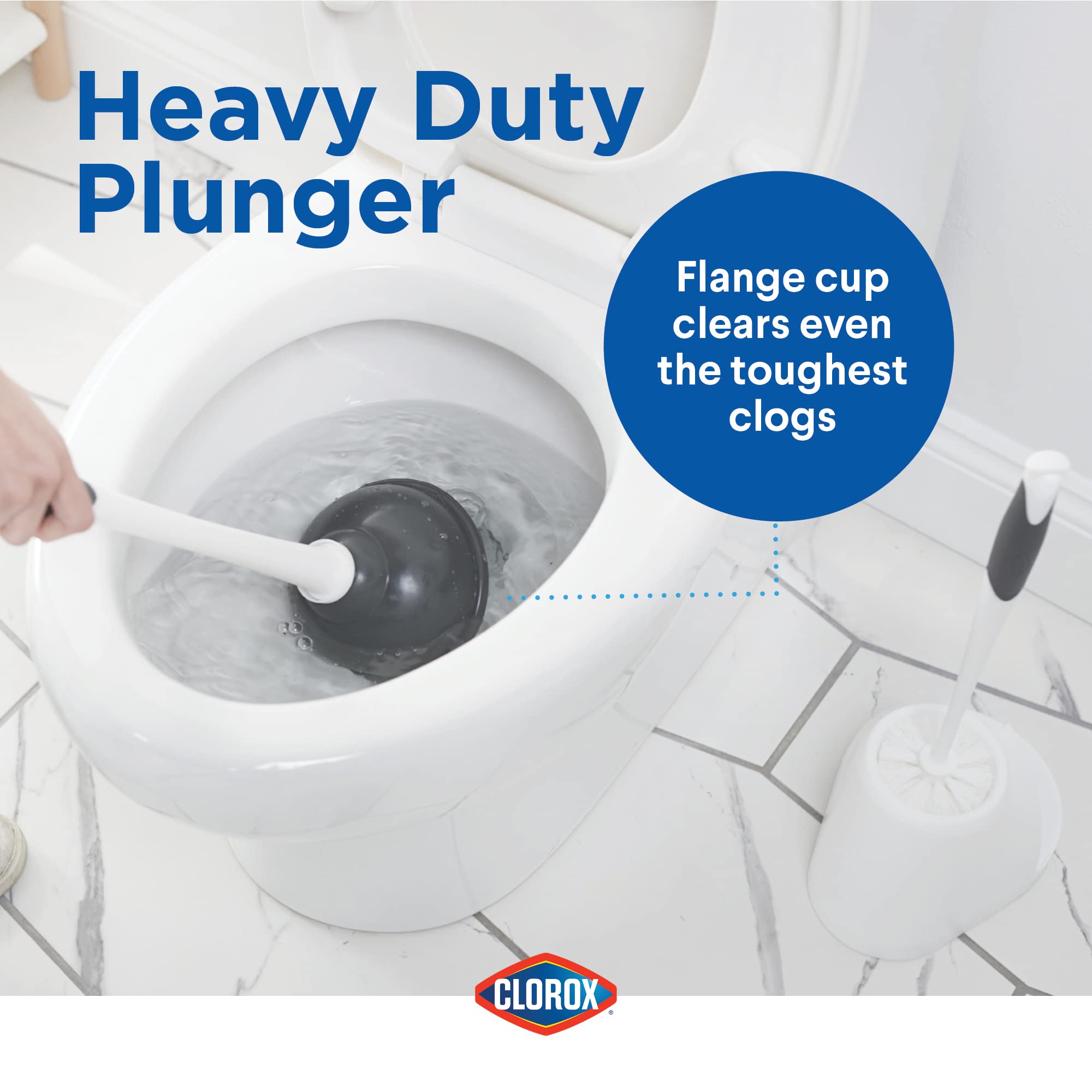Clorox toilet brush with durable bristles reaching under the rim