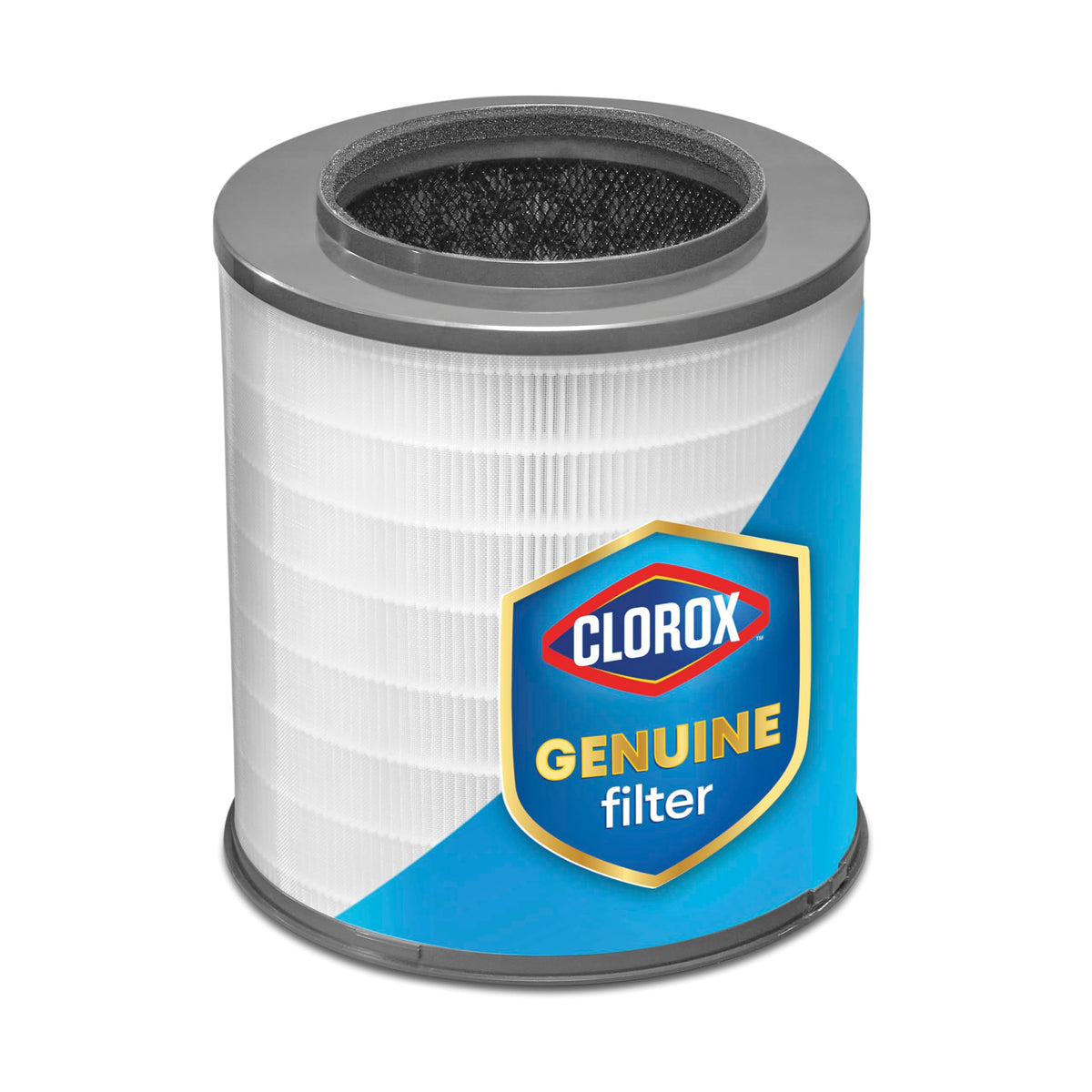 Clorox True HEPA replacement filter close-up with 3-stage 360° filtration.