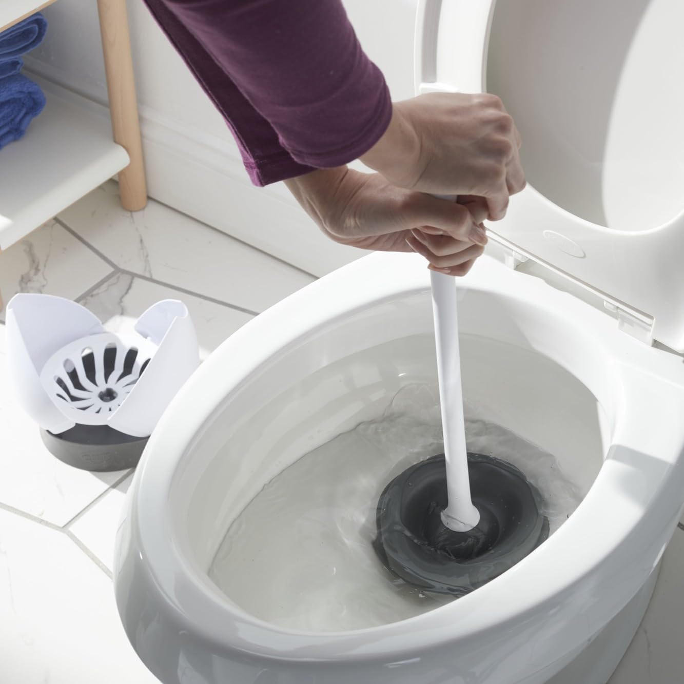 Clorox two-pack toilet plungers offer reliable organization for bathrooms.