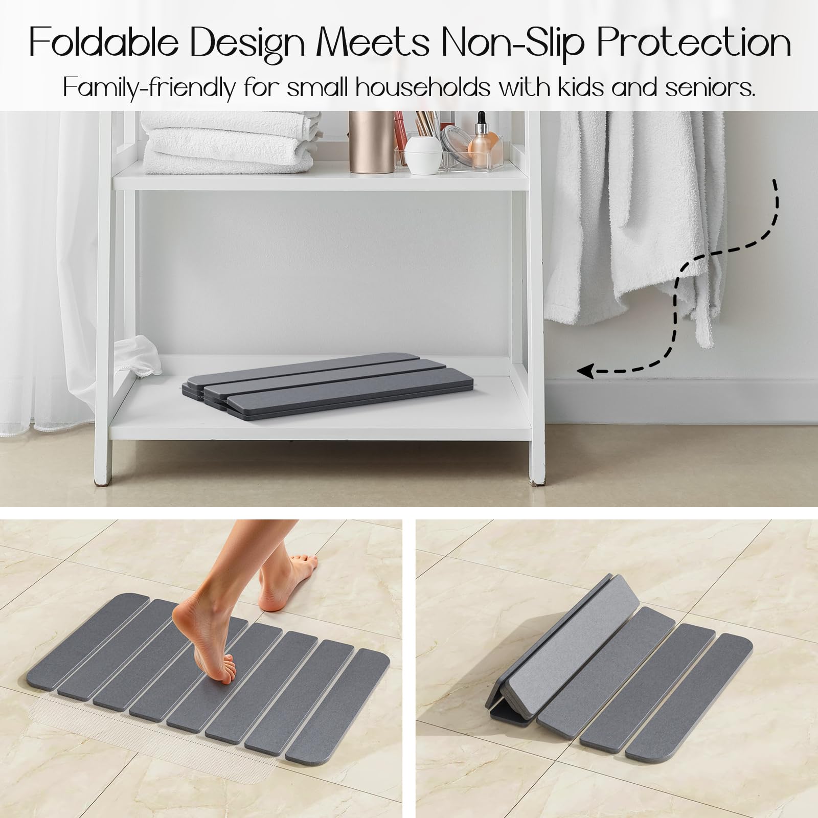 Closefriend foldable stone bath mat for compact, easy storage.