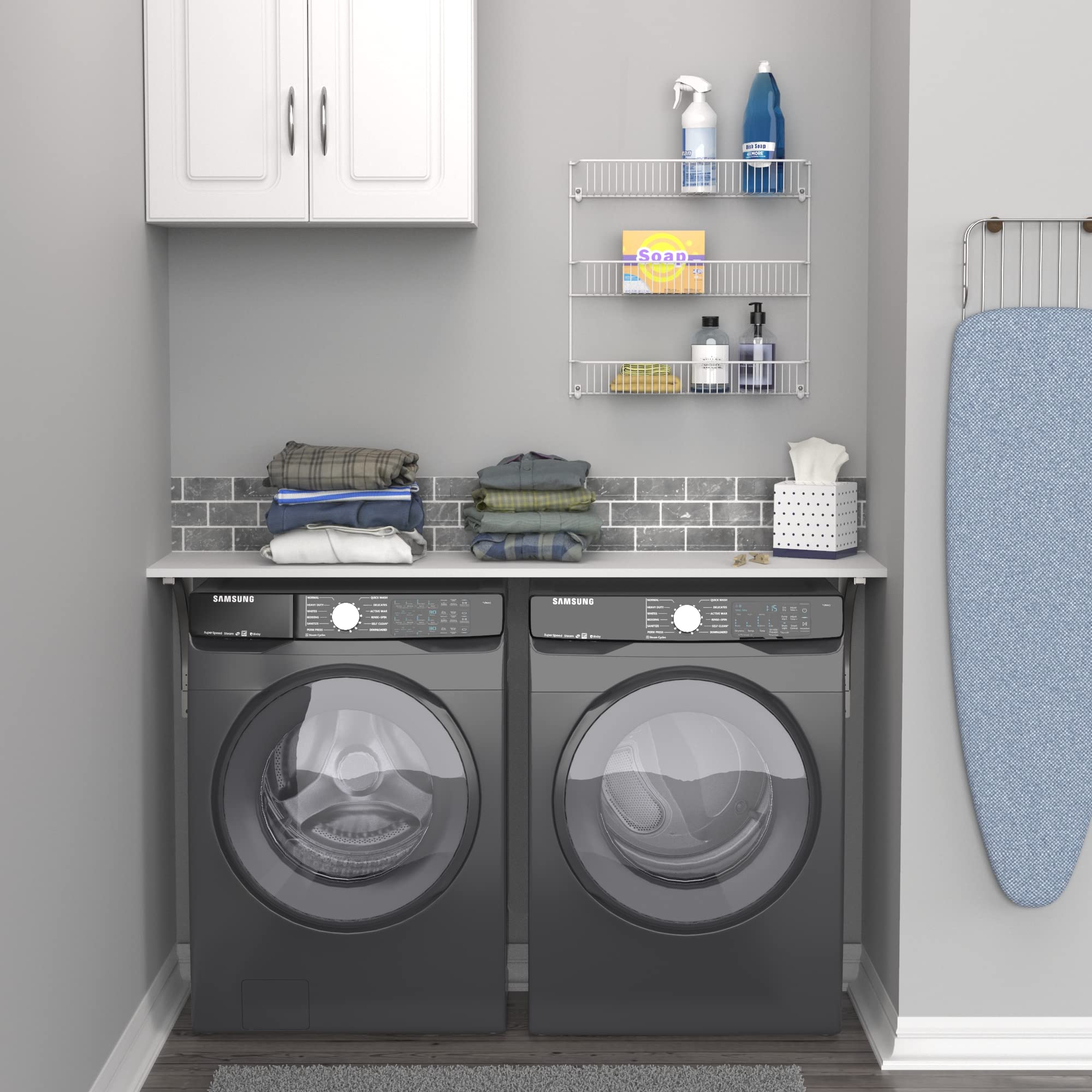 ClosetMaid 3-tier wall rack in laundry area for detergents and supplies