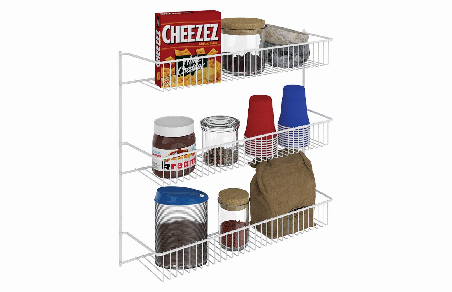 ClosetMaid 3-tier wall rack mounted on cabinet door for pantry organization