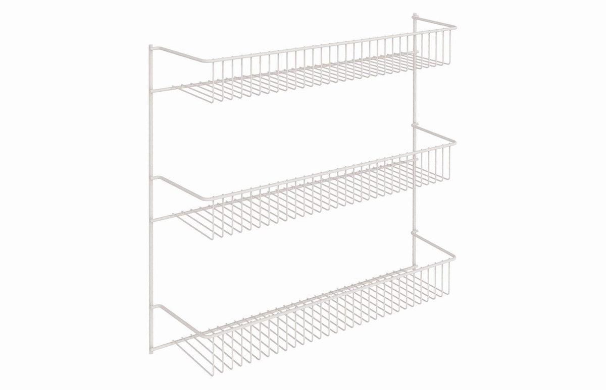 ClosetMaid 3-tier wall rack on pantry wall for spice storage and easy access