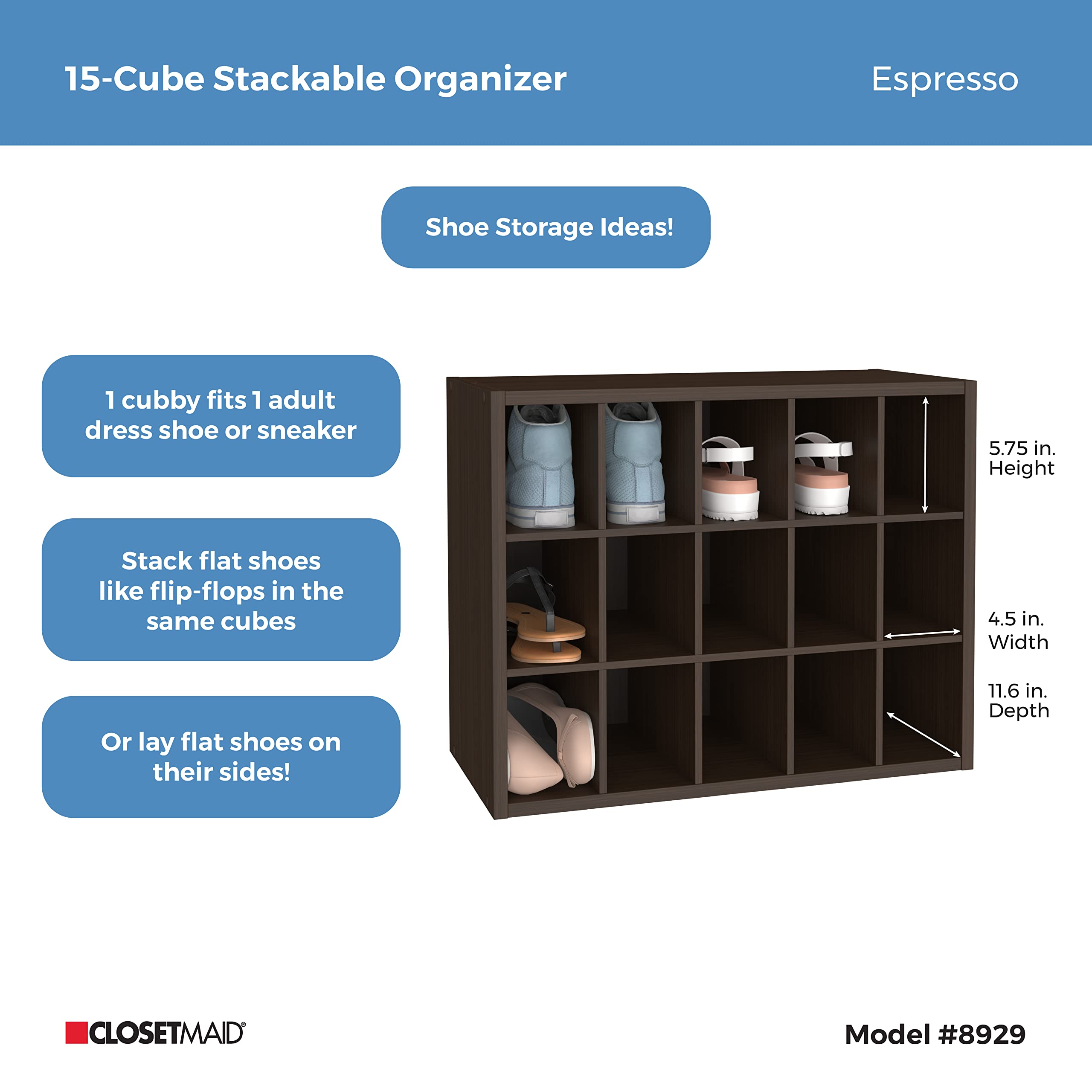 ClosetMaid Espresso Wood Shelves offer stylish storage for bags and hobbies