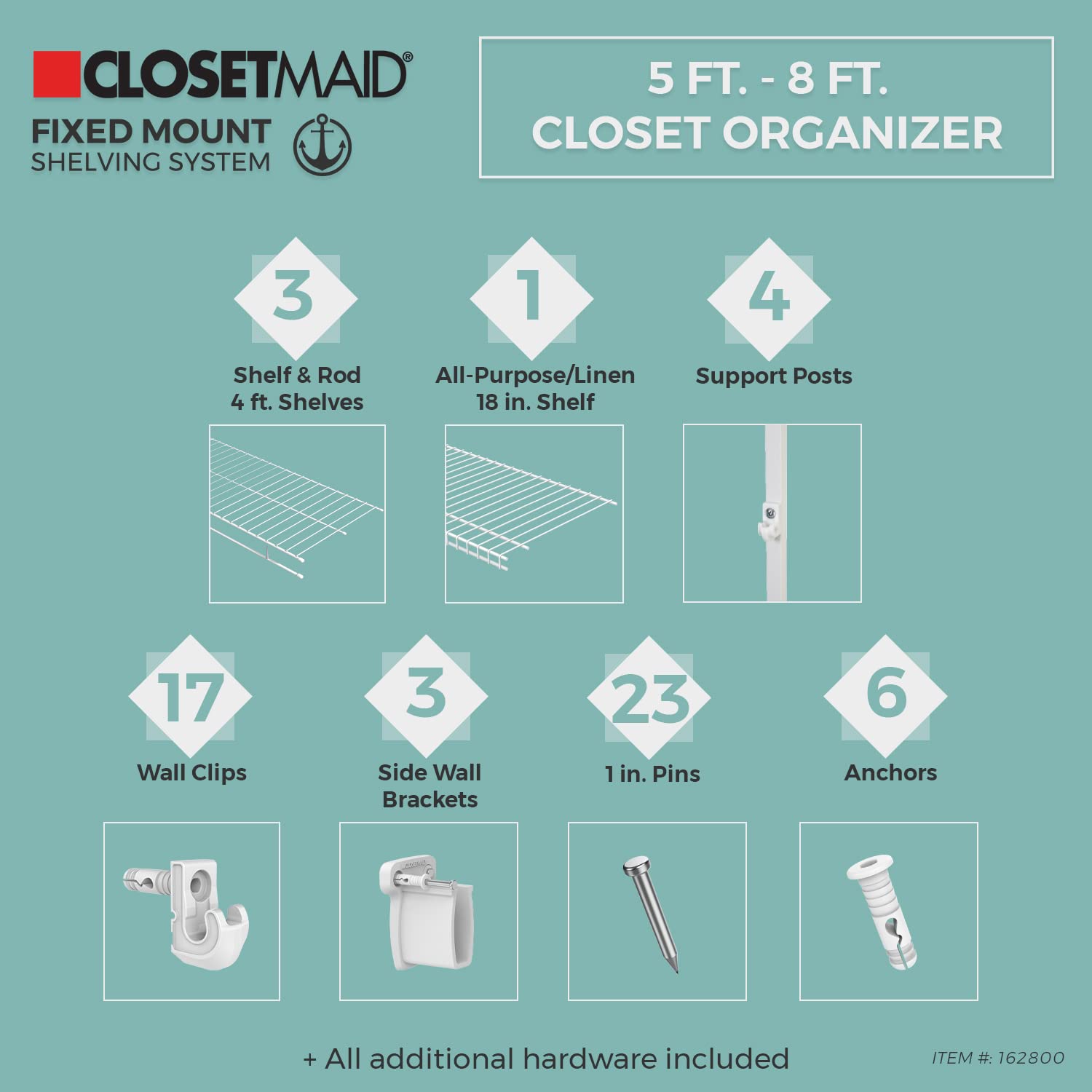 ClosetMaid ample shelf space up to 138 inches for folded items