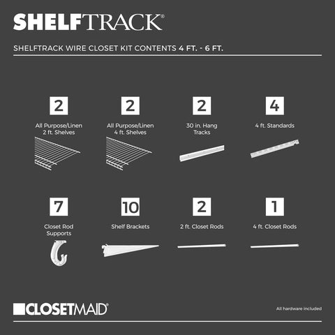 ClosetMaid shelf with continuous hang rod supports many garments.