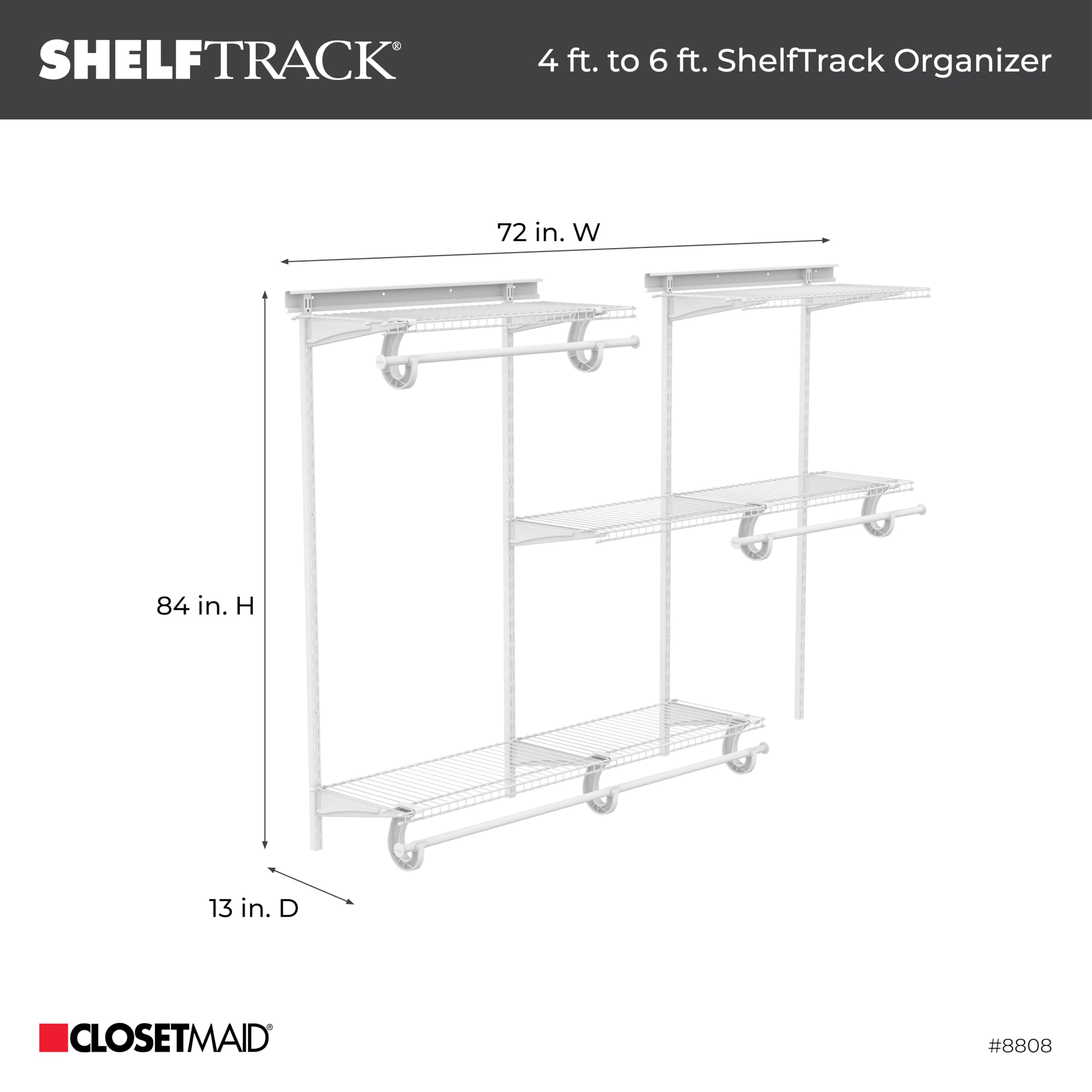 ClosetMaid ShelfTrack hanging space maximizes garment storage with adjustable layout.