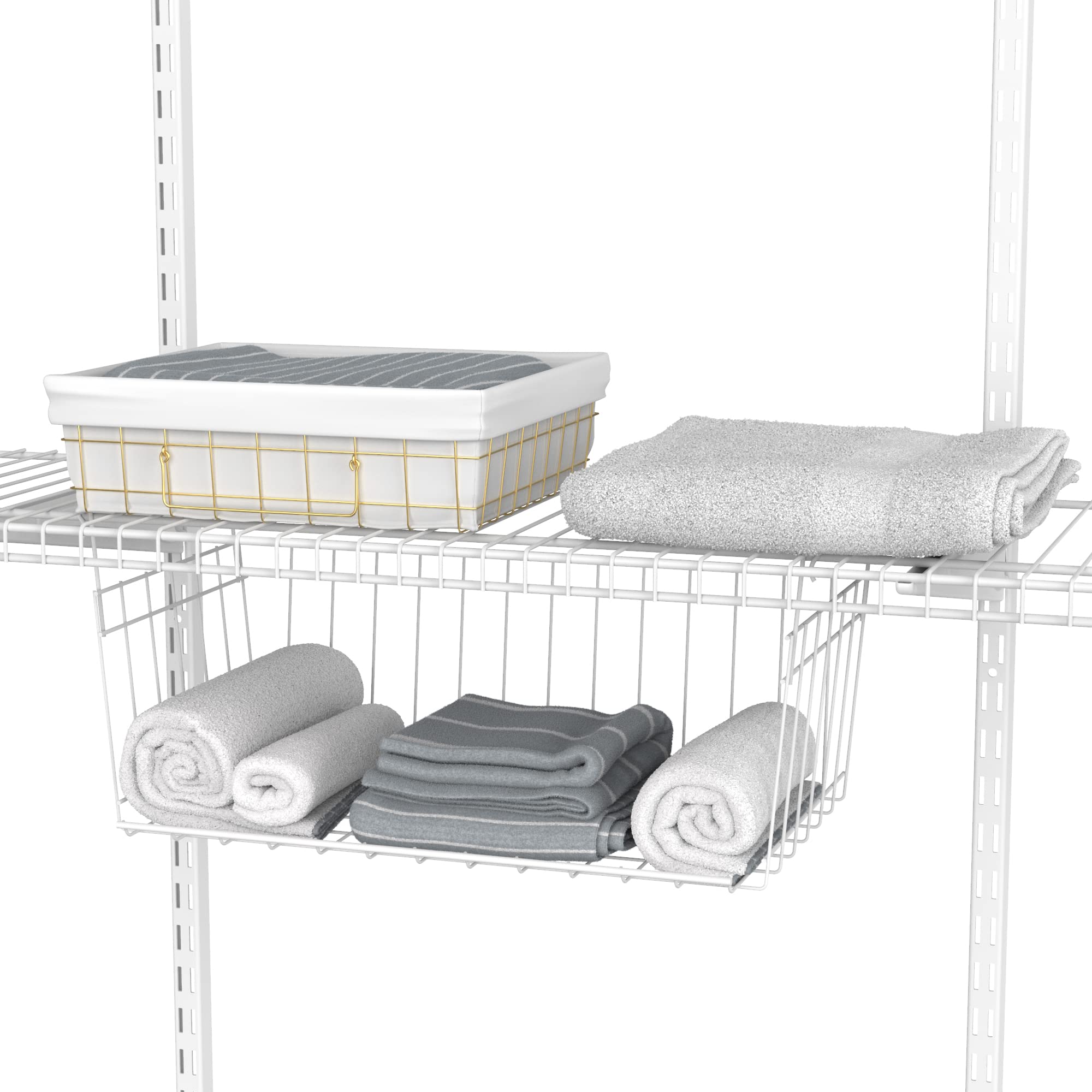ClosetMaid Wire Hanging Basket organizes closet space for quick access.