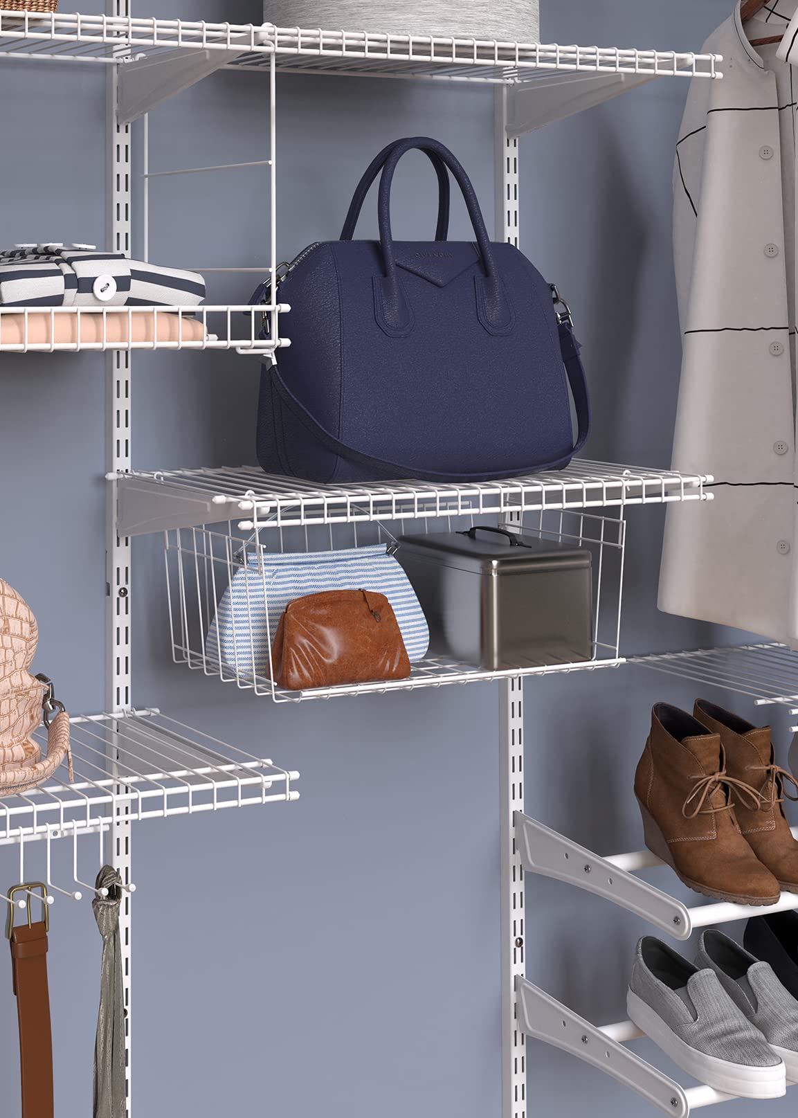 ClosetMaid Wire Hanging Basket supports multipurpose storage on shelves.