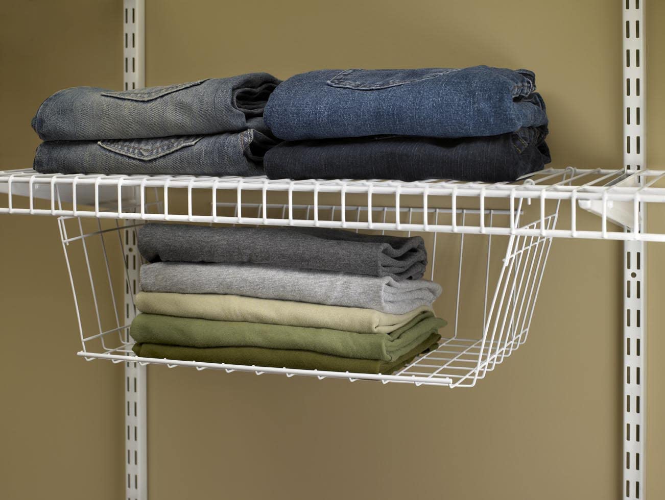 ClosetMaid Wire Hanging Basket installs without tools on wide shelves.
