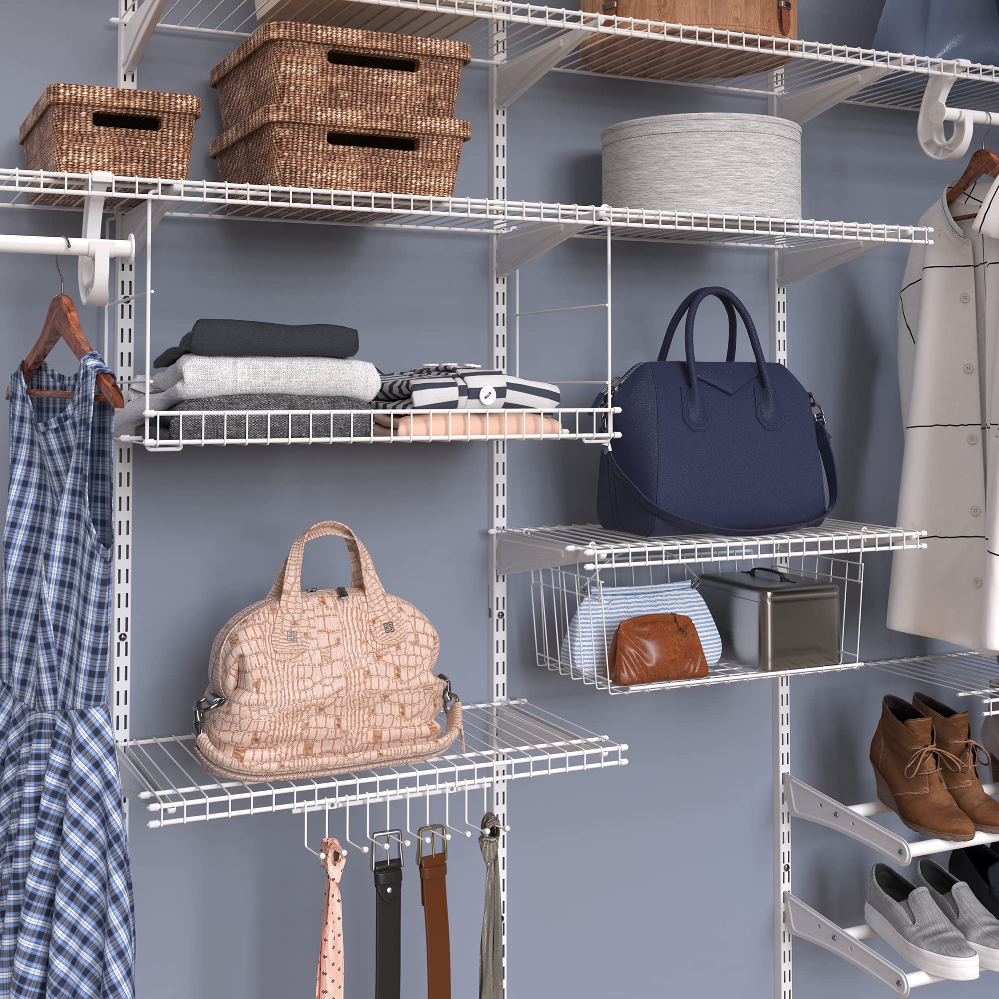 ClosetMaid Wire Hanging Basket in pantry keeps items visible and reachable.