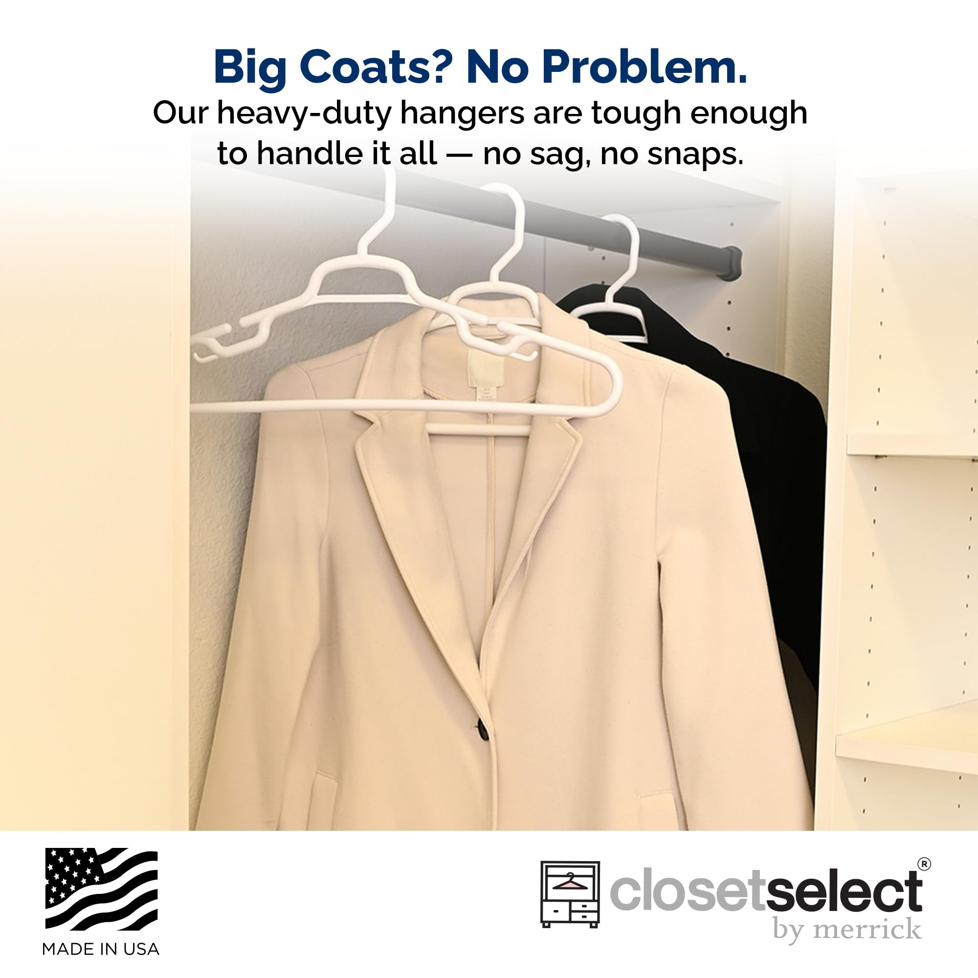 Merrick XL hanger demonstrates durable build for heavy jackets and thick garments.