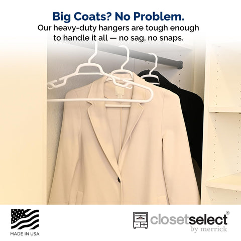 Merrick XL hanger demonstrates durable build for heavy jackets and thick garments.