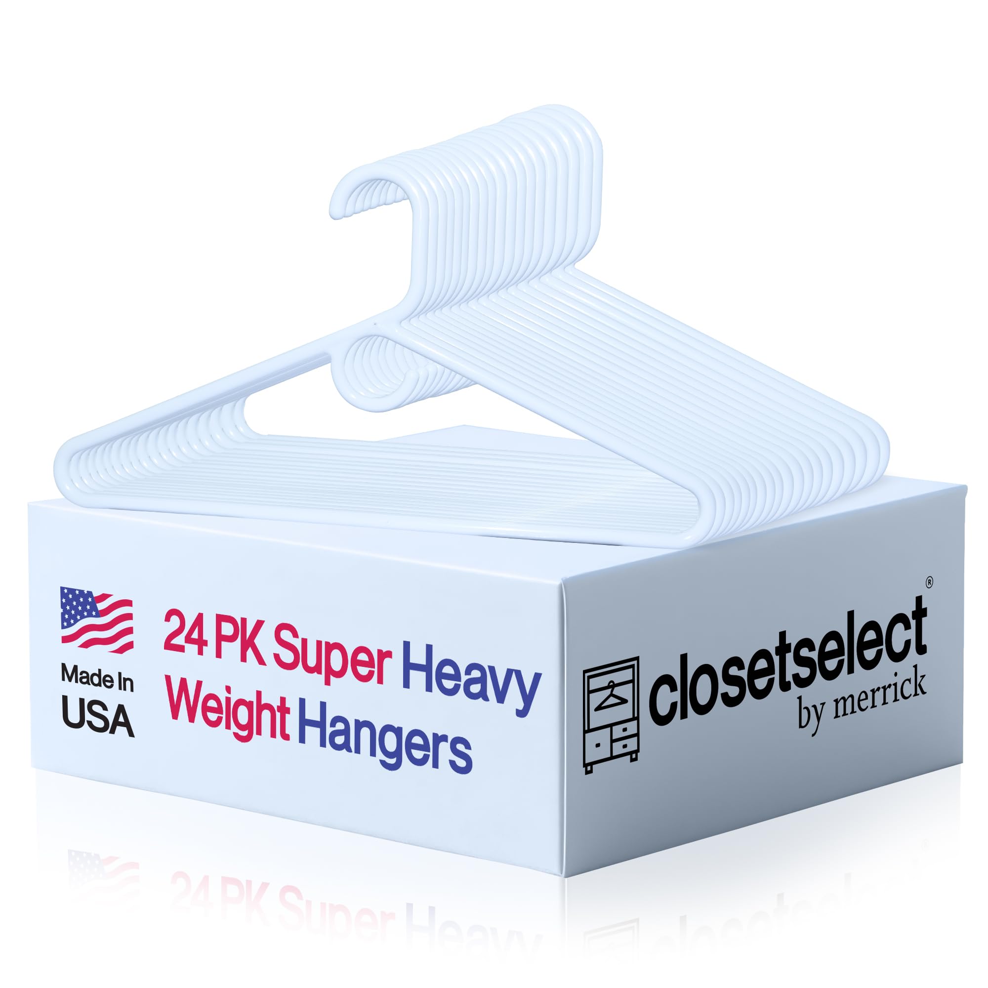 ClosetSelect super-heavy-duty hanger in a 24-pack holds heavy garments securely.