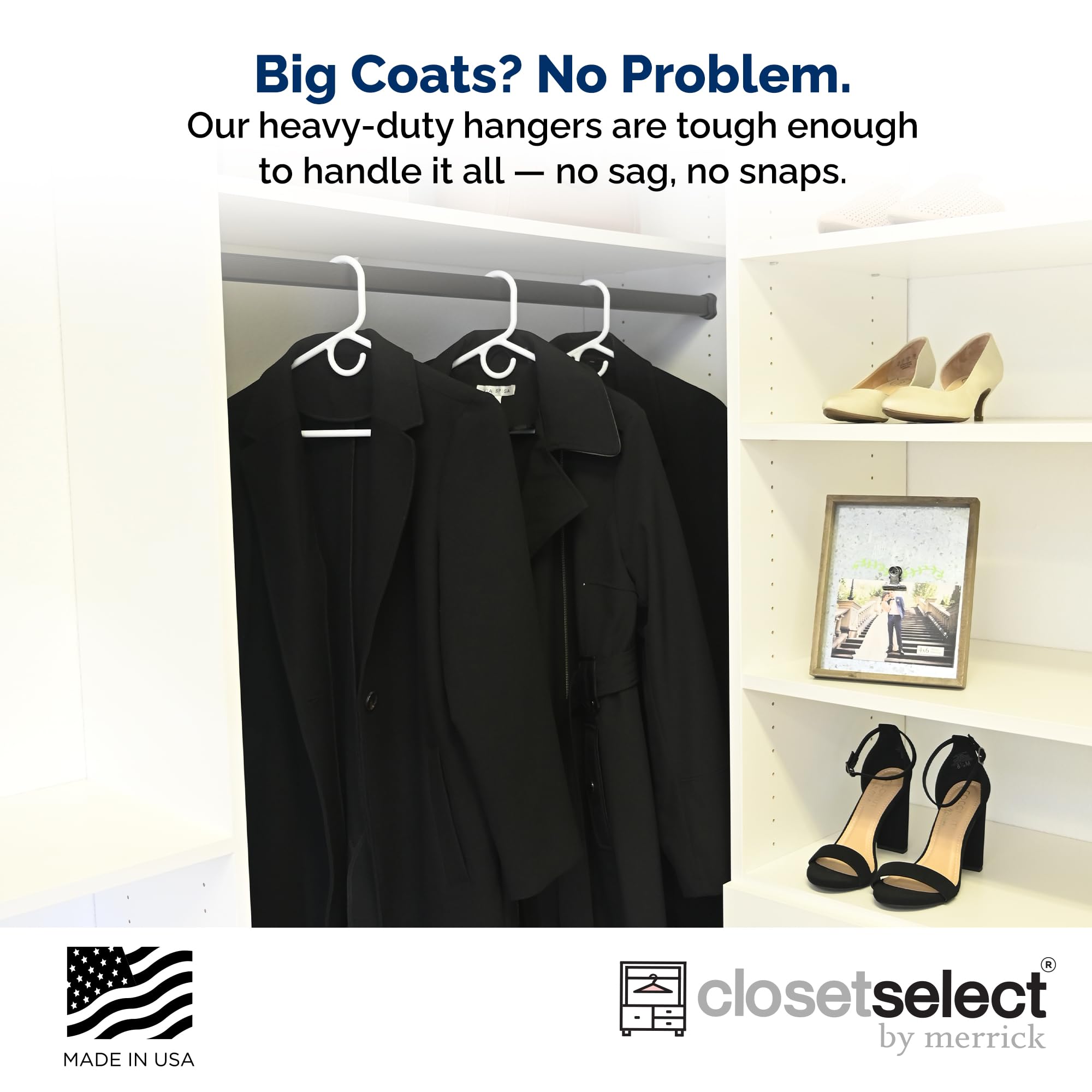 ClosetSelect white hanger for jackets and coats in a neat closet