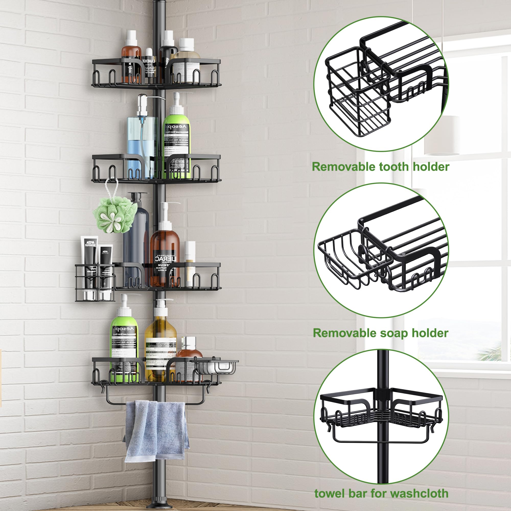 Clothink Corner Shower Caddy height adjustment shows flexible ceiling height fit