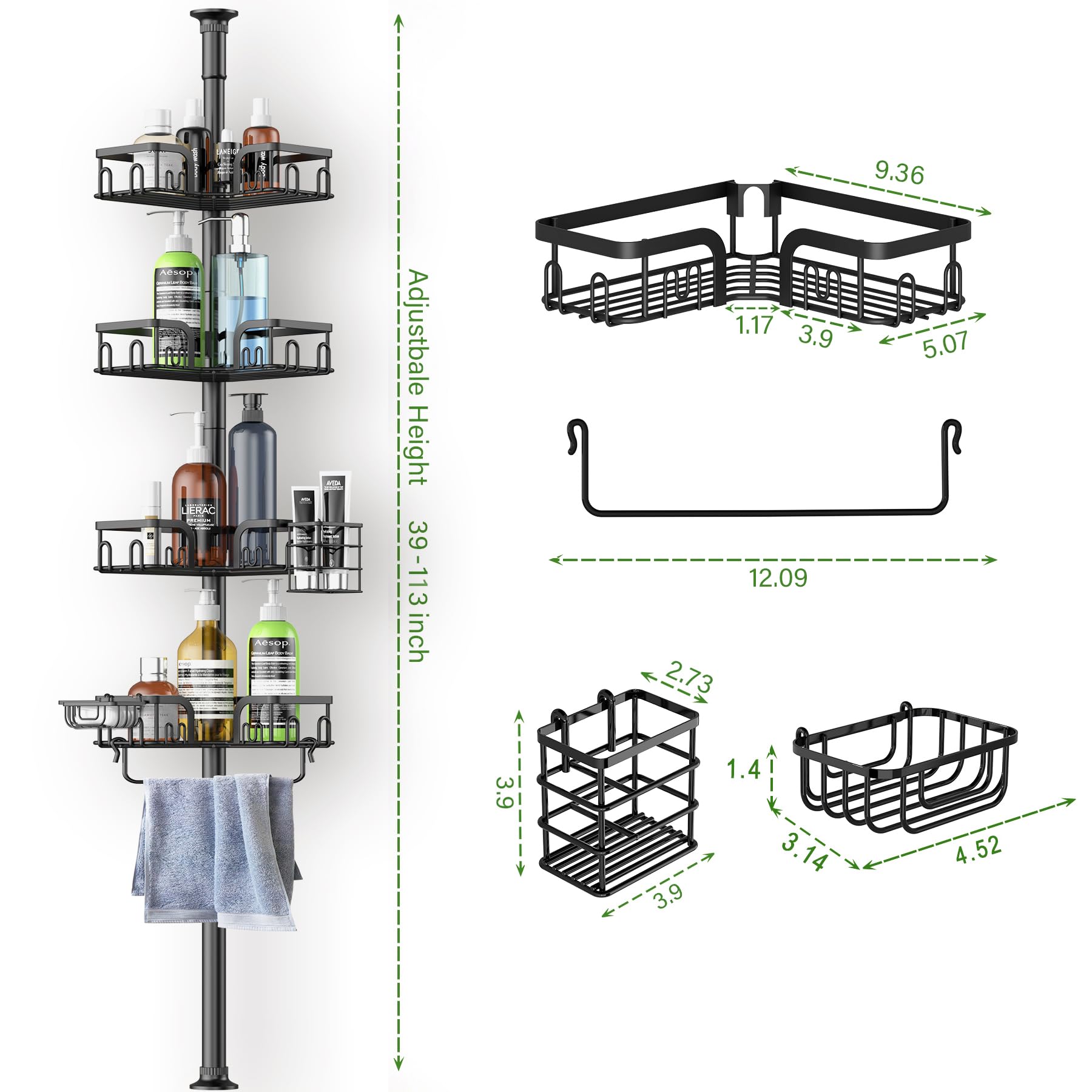 Clothink Corner Shower Caddy includes hooks and towel bar for organization