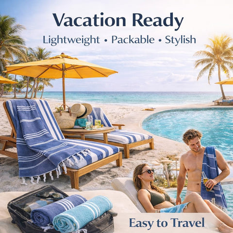 Clotho Turkish Beach Towel Set 4 in color varieties beside poolside.