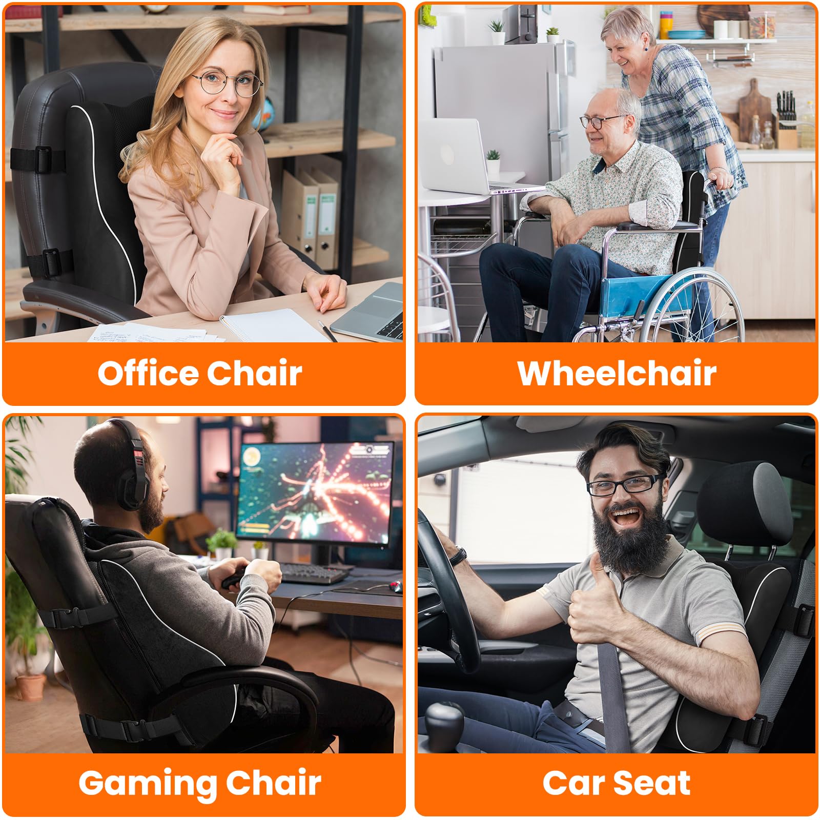 CloudBliss office-seat use example shows reliable lumbar support at the desk.